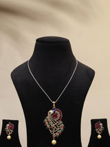 Multicolour Peacock Meenakari Pendant and Earrings Set with Pearl Drop