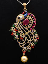 Multicolour Peacock Meenakari Pendant and Earrings Set with Pearl Drop