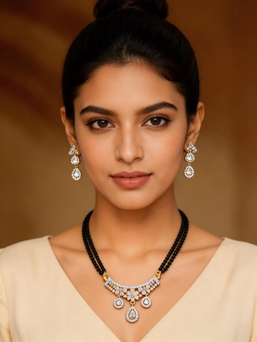 Double Strand Stone Studded Brass Mangalsutra and Earrings Set