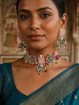 Floral Multicolour Stone Brass Choker and Earrings Set