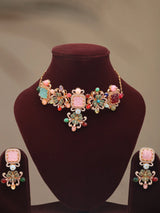 Floral Multicolour Stone Brass Choker and Earrings Set
