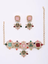 Floral Multicolour Stone Brass Choker and Earrings Set