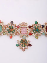 Floral Multicolour Stone Brass Choker and Earrings Set