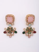 Floral Multicolour Stone Brass Choker and Earrings Set