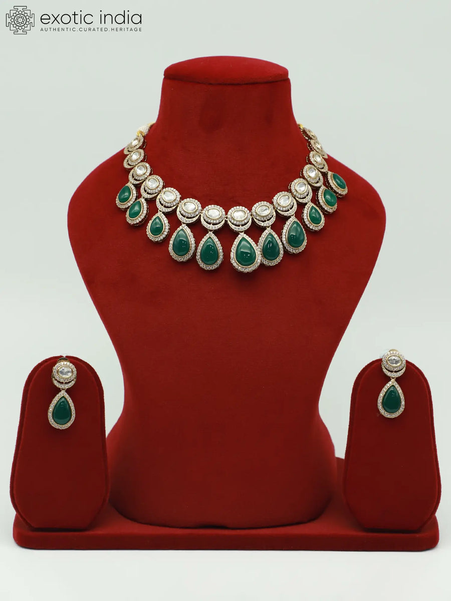 Sea Green Kundan Floral Leaf Moissanite Earrings Set
