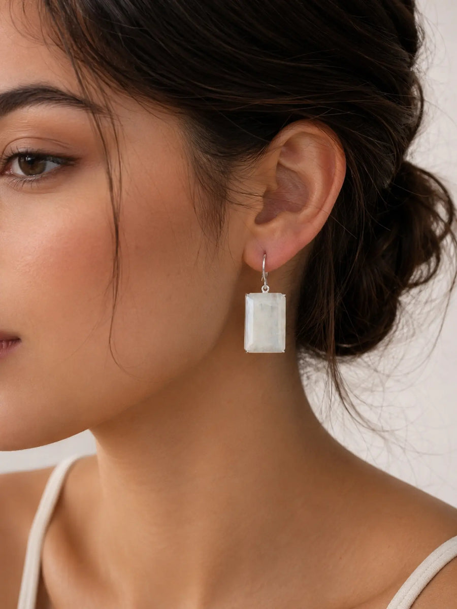 Rectangle Cut Rainbow Moonstone Sterling Silver Earrings