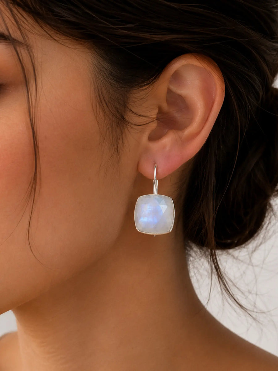 Faceted Square Moonstone Sterling Silver Earrings