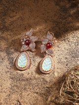 Floral Stone Studded Brass Drop Earrings