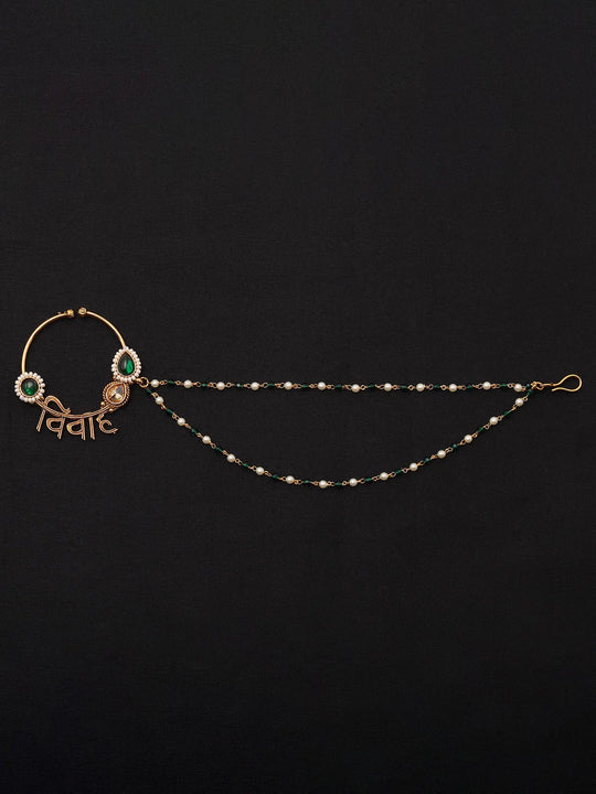 Vivah Beaded Chain Brass Nose Ring with Meenakari Bloom