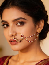 Vivah Beaded Chain Brass Nose Ring with Meenakari Bloom