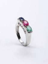 Faceted Emerald Ruby and Sapphire Sterling Silver Ring