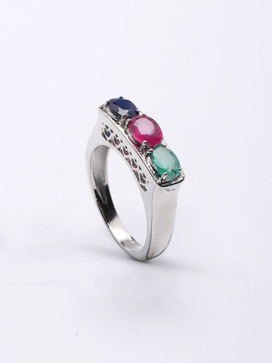 Faceted Emerald Ruby and Sapphire Sterling Silver Ring