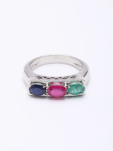 Faceted Emerald Ruby and Sapphire Sterling Silver Ring