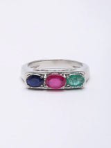 Faceted Emerald Ruby and Sapphire Sterling Silver Ring