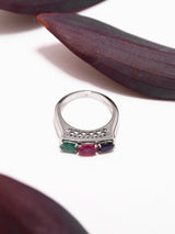 Faceted Emerald Ruby and Sapphire Sterling Silver Ring