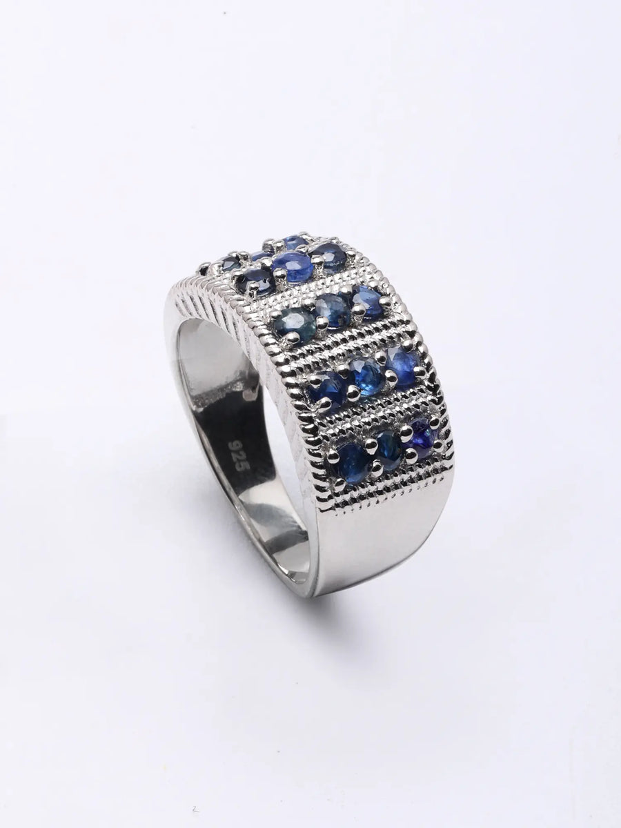 Faceted Blue Sapphire Sterling Silver Band Ring