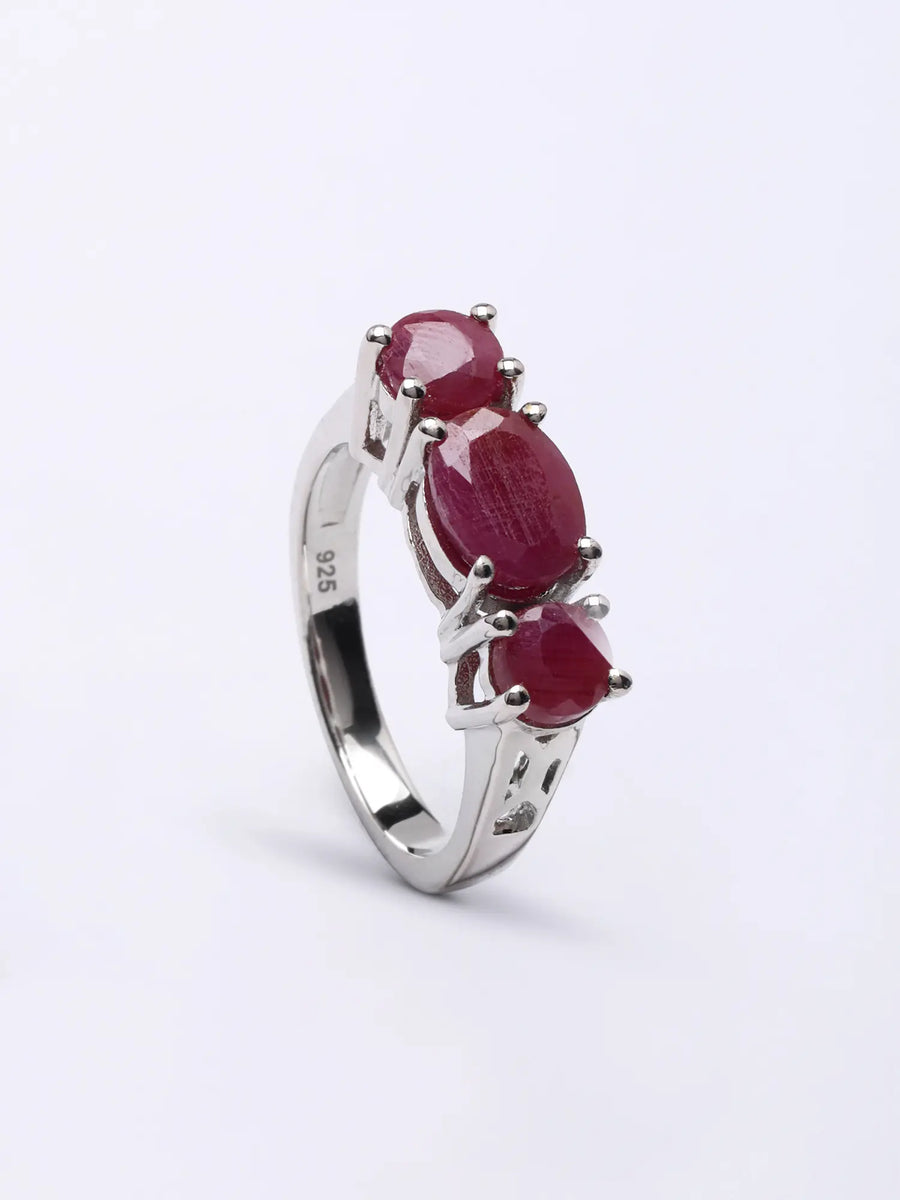 Faceted Ruby Trilogy Sterling Silver Ring
