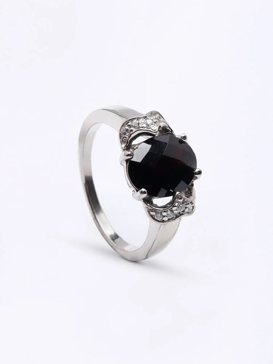 Faceted Black Onyx and Cubic Zirconia Sterling Silver Ring