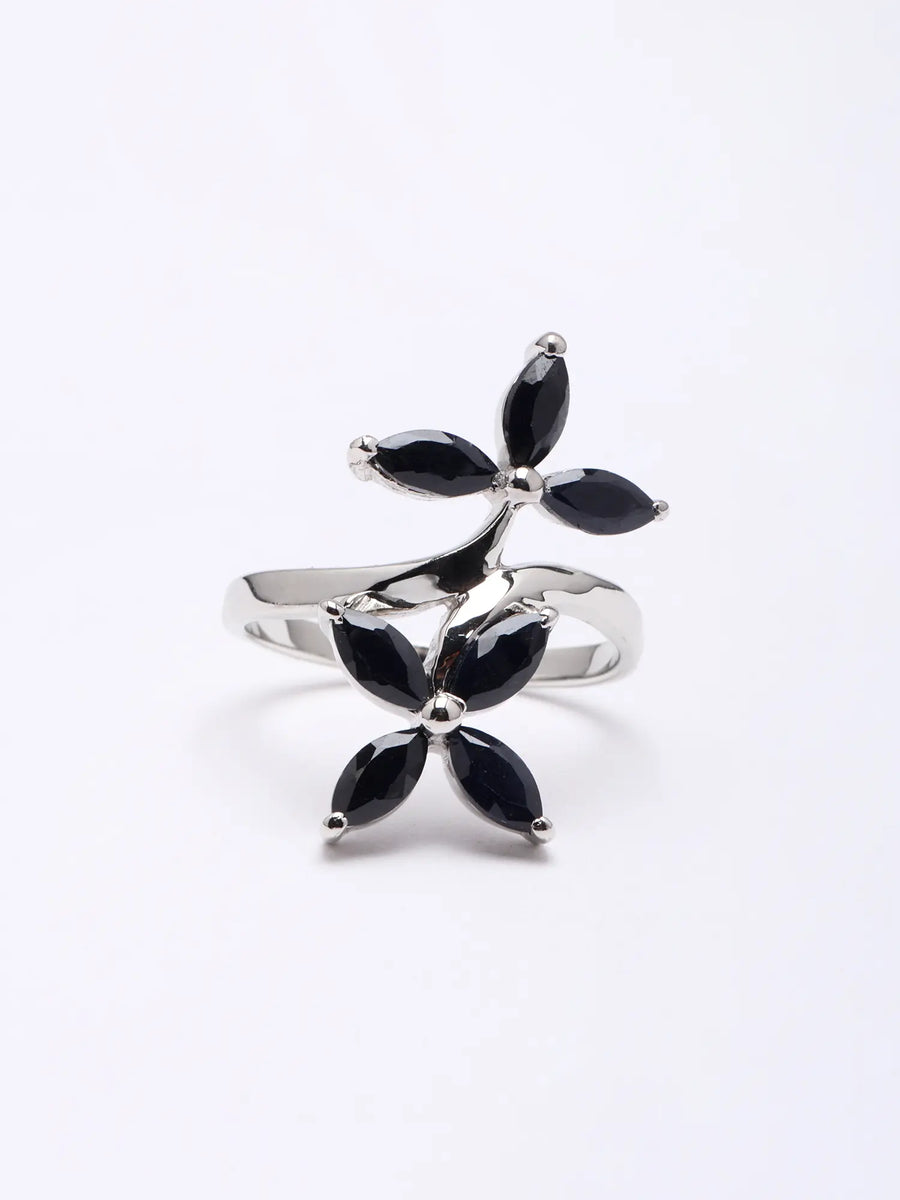Marquise Black Onyx Floral Sterling Silver Ring