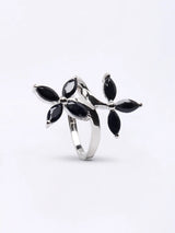 Marquise Black Onyx Floral Sterling Silver Ring