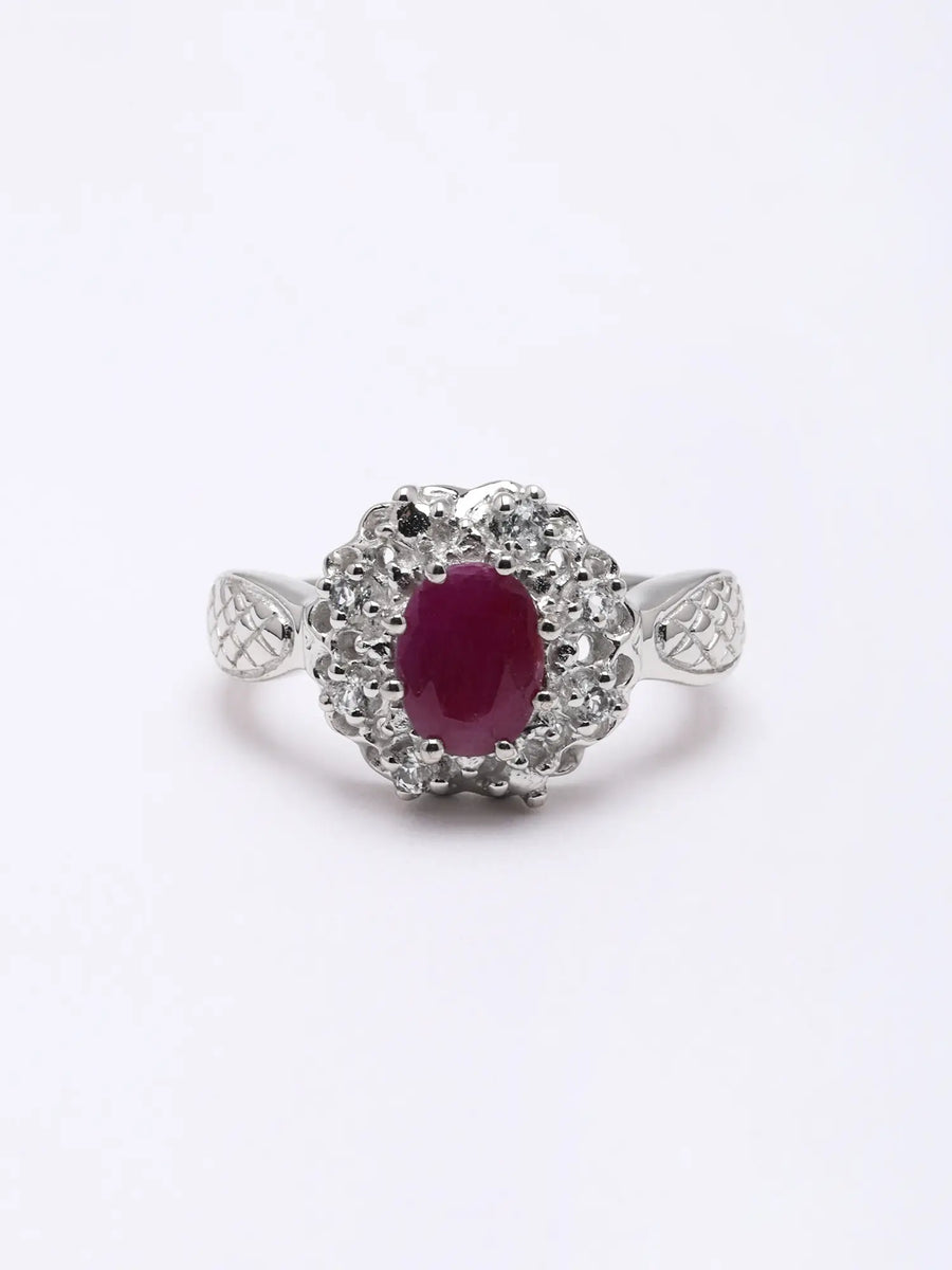 Faceted Ruby Floral Sterling Silver Ring