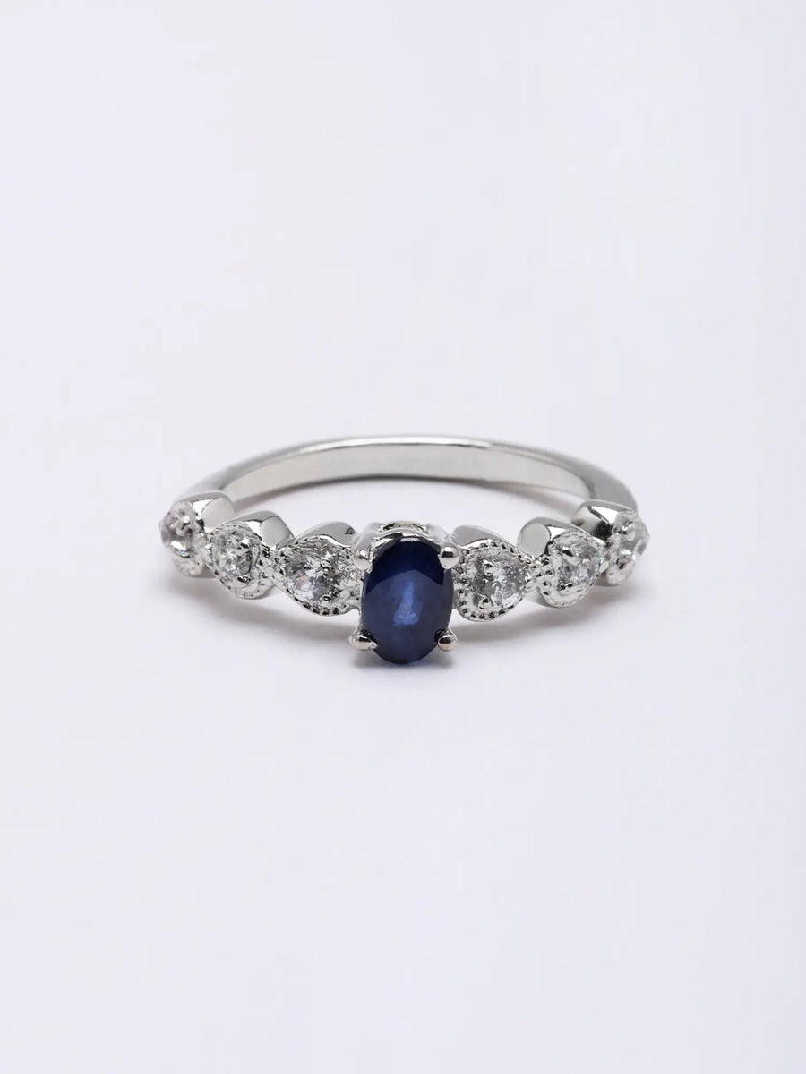 Faceted Blue Sapphire and Cubic Zirconia Sterling Silver Ring