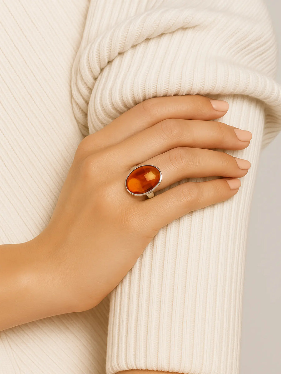 Oval Cabochon Amber Sterling Silver Ring