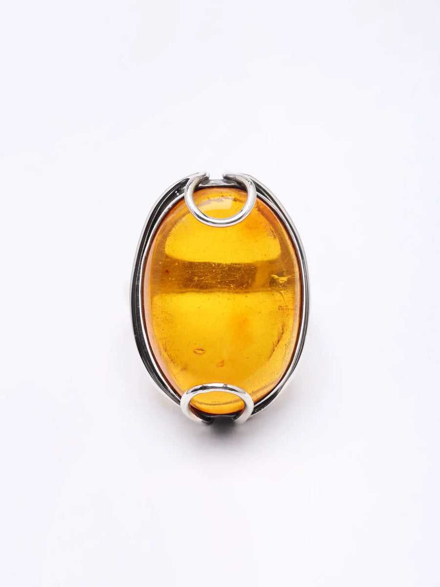 Oval Cabochon Amber Sterling Silver Ring
