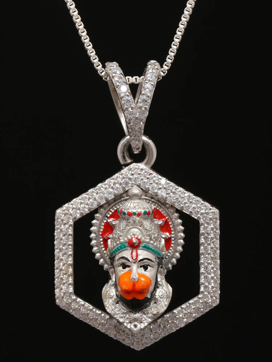 Lord Hanuman Face Stone Studded Sterling Silver Pendant