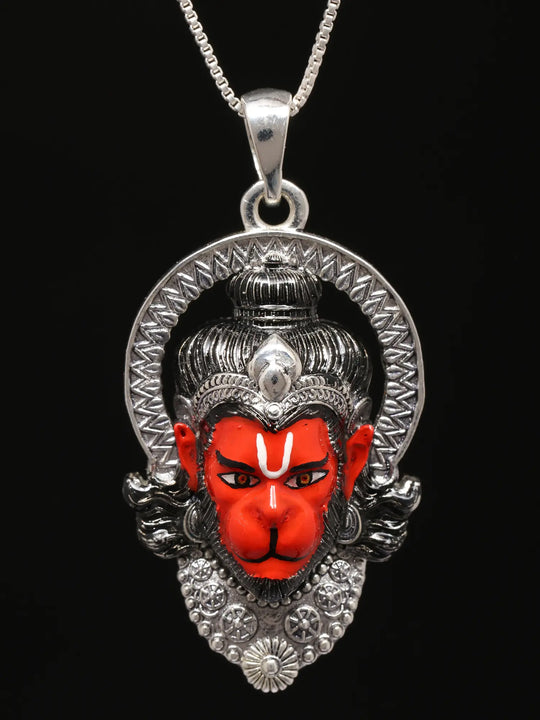 Meenakari Hanuman Face Sterling Silver Pendant
