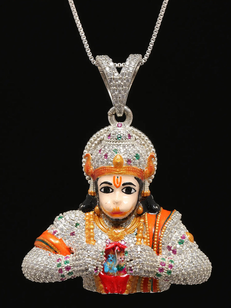 Hanuman Revealing Rama Sita Stone Studded Silver Pendant