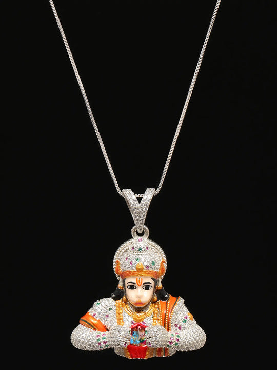Hanuman Revealing Rama Sita Stone Studded Silver Pendant