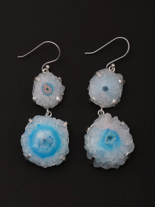 White and Blue Solar Druzy Sterling Silver Dangle Earrings