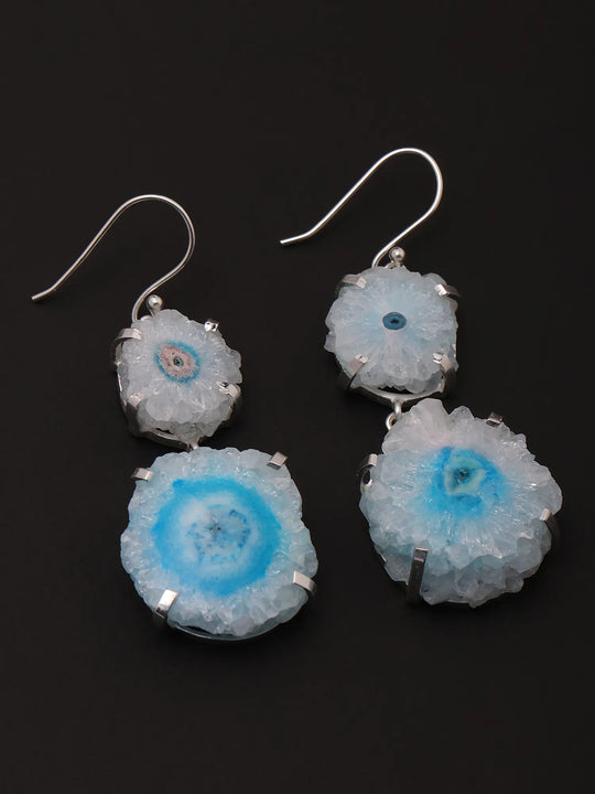 White and Blue Solar Druzy Sterling Silver Dangle Earrings