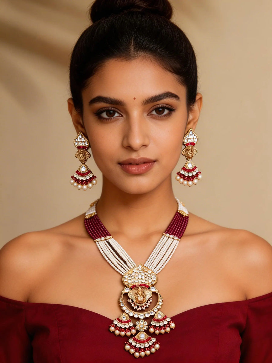 Kundan Ganesha Multi Strand Beaded Necklace and Earrings Set