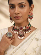 Floral Stone Studded Beaded Choker, Earrings and Ring Set