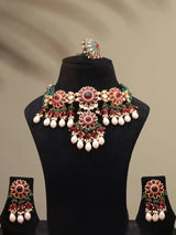 Floral Stone Studded Beaded Choker, Earrings and Ring Set