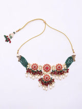 Floral Stone Studded Beaded Choker, Earrings and Ring Set