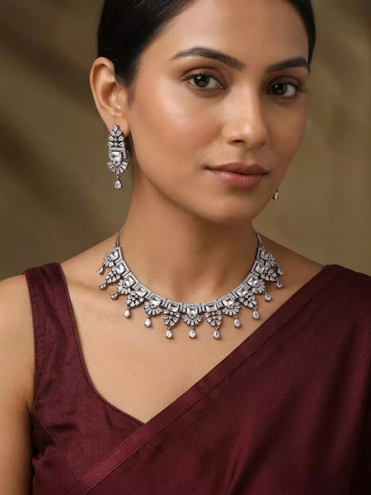 White Metal American Diamond Necklace and Earrings Set