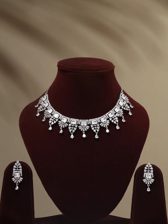 White Metal American Diamond Necklace and Earrings Set
