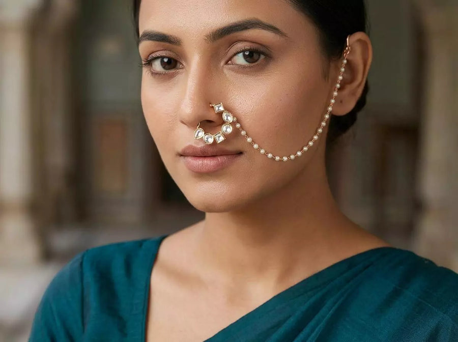 Kundan Studded Vilandi Nose Ring with Beaded Chain