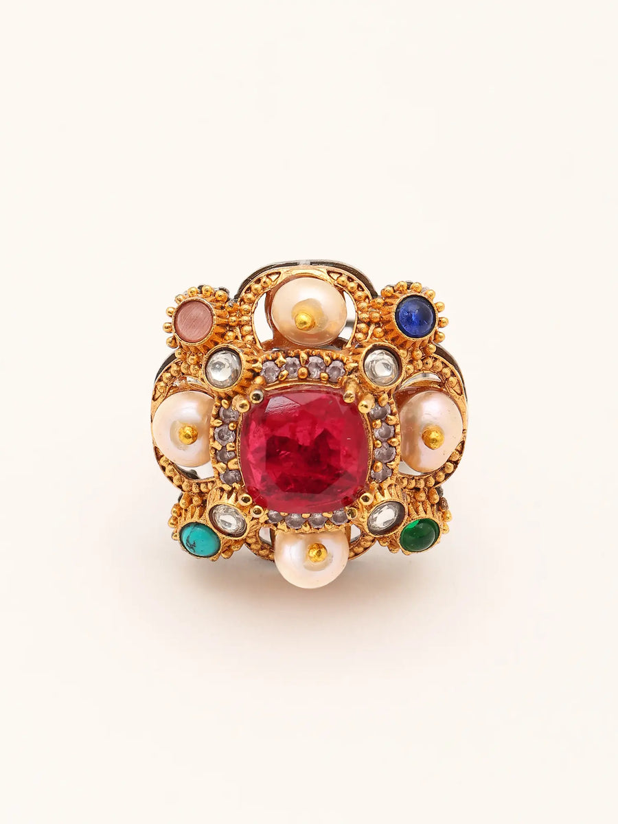Multicolour Stone Studded Brass Ring