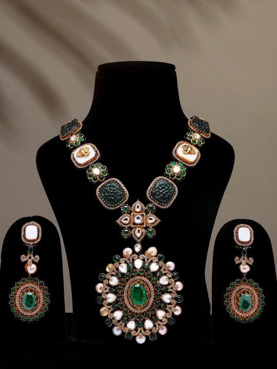 Victorian Antique Green Stone Long Necklace and Earring Set
