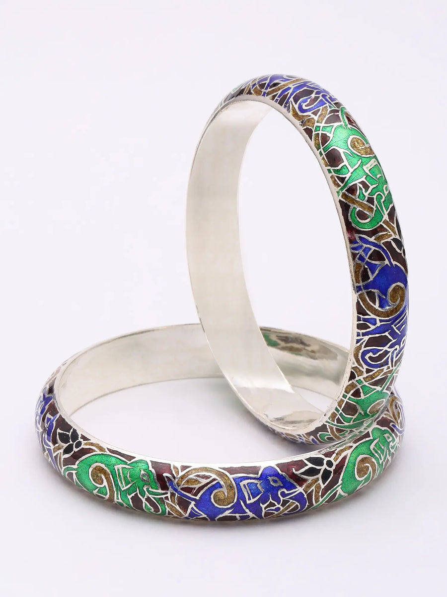 Meenakari Elephant Motif Sterling Silver Bangles
