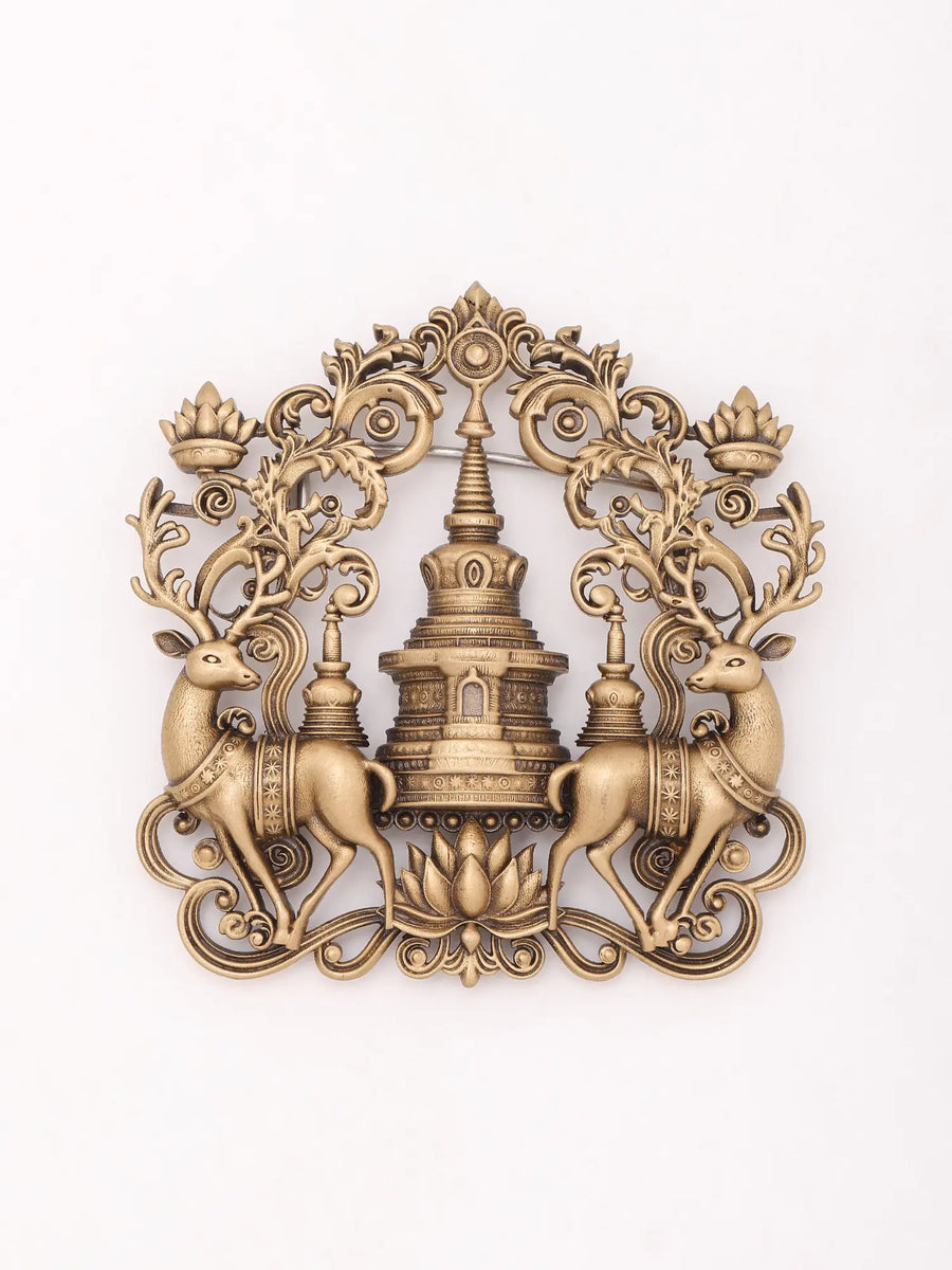 Tibetan Buddhist Stupa and Deer Motif Brass Brooch