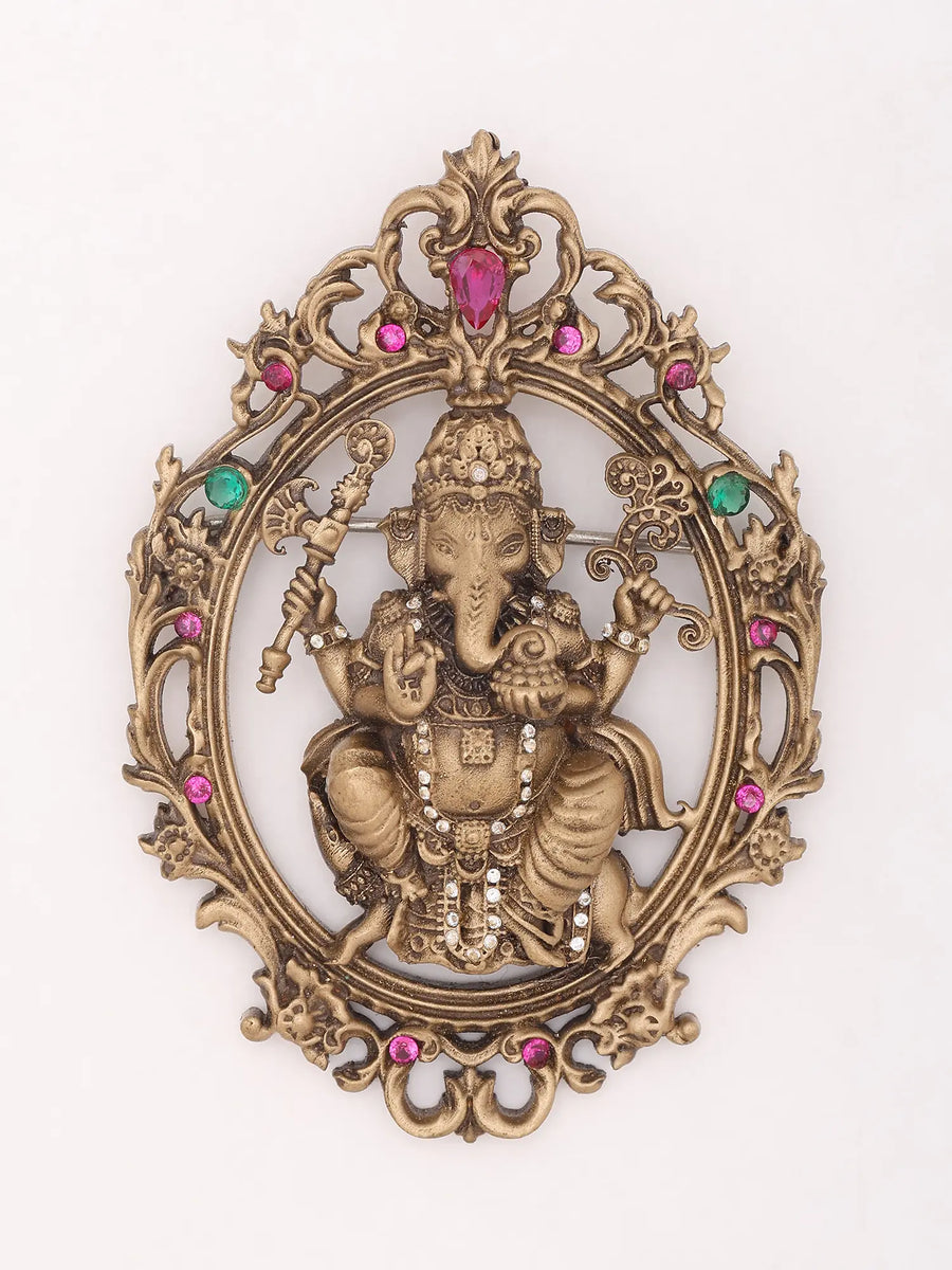 Chaturbhuja Ganesha Stone Studded Brass Brooch