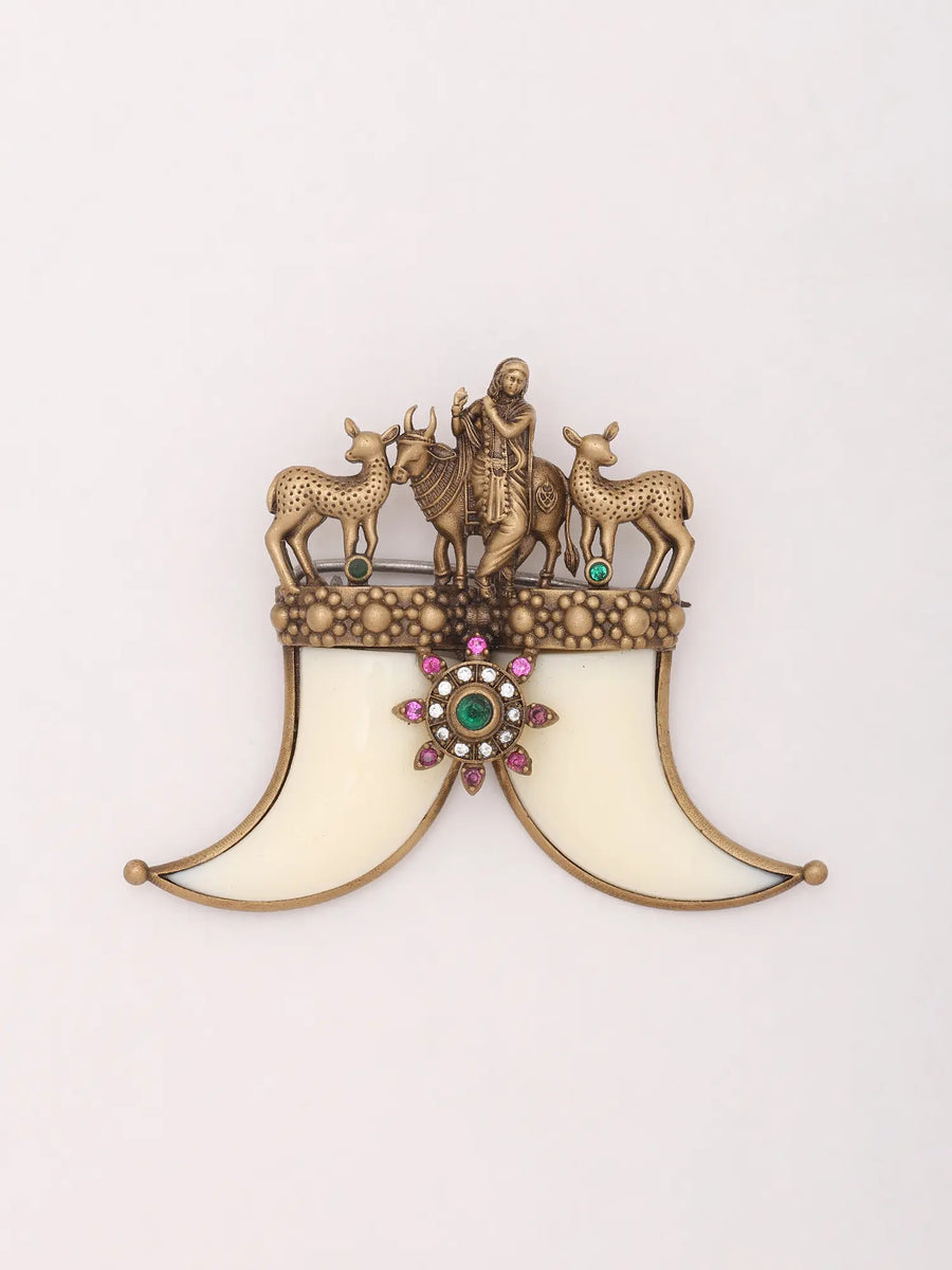 Fluted Krishna and Tiger Nail Brass Brooch