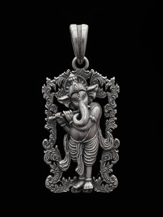 Antique Finish Fluted Ganesha Sterling Silver Pendant