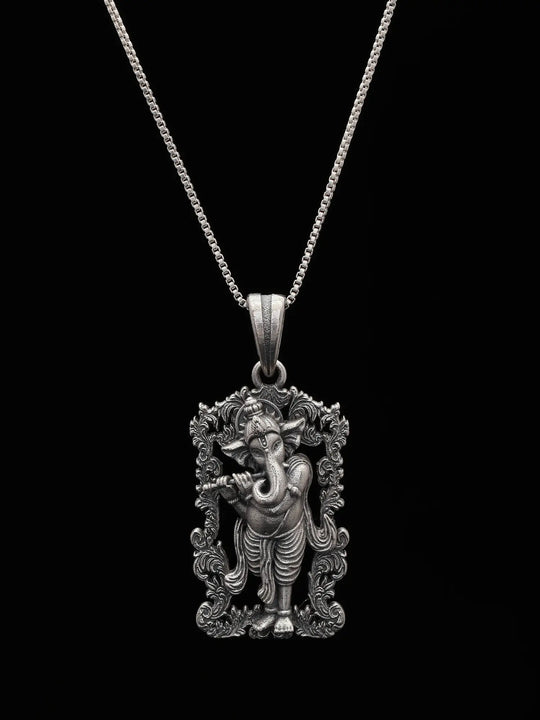 Antique Finish Fluted Ganesha Sterling Silver Pendant