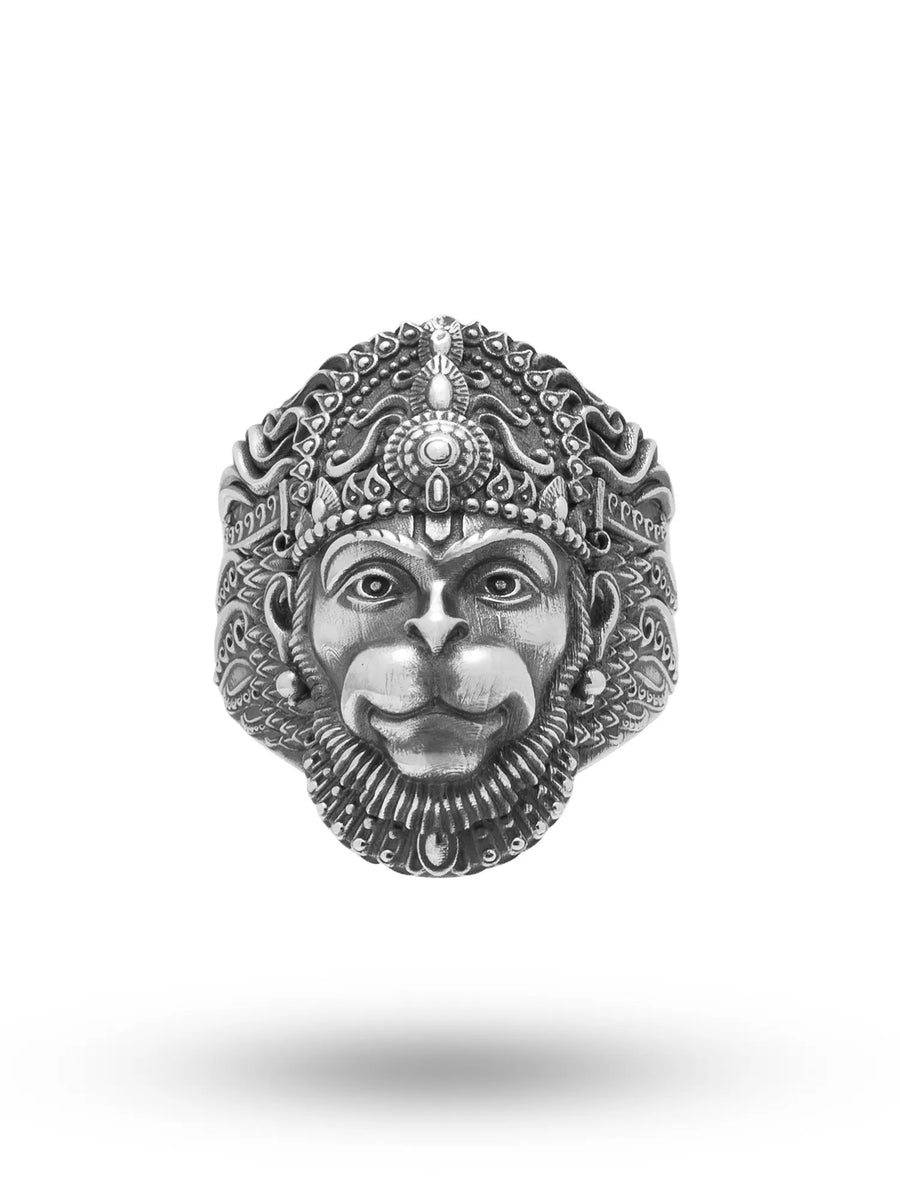Lord Hanuman Antique Finish Sterling Silver Ring